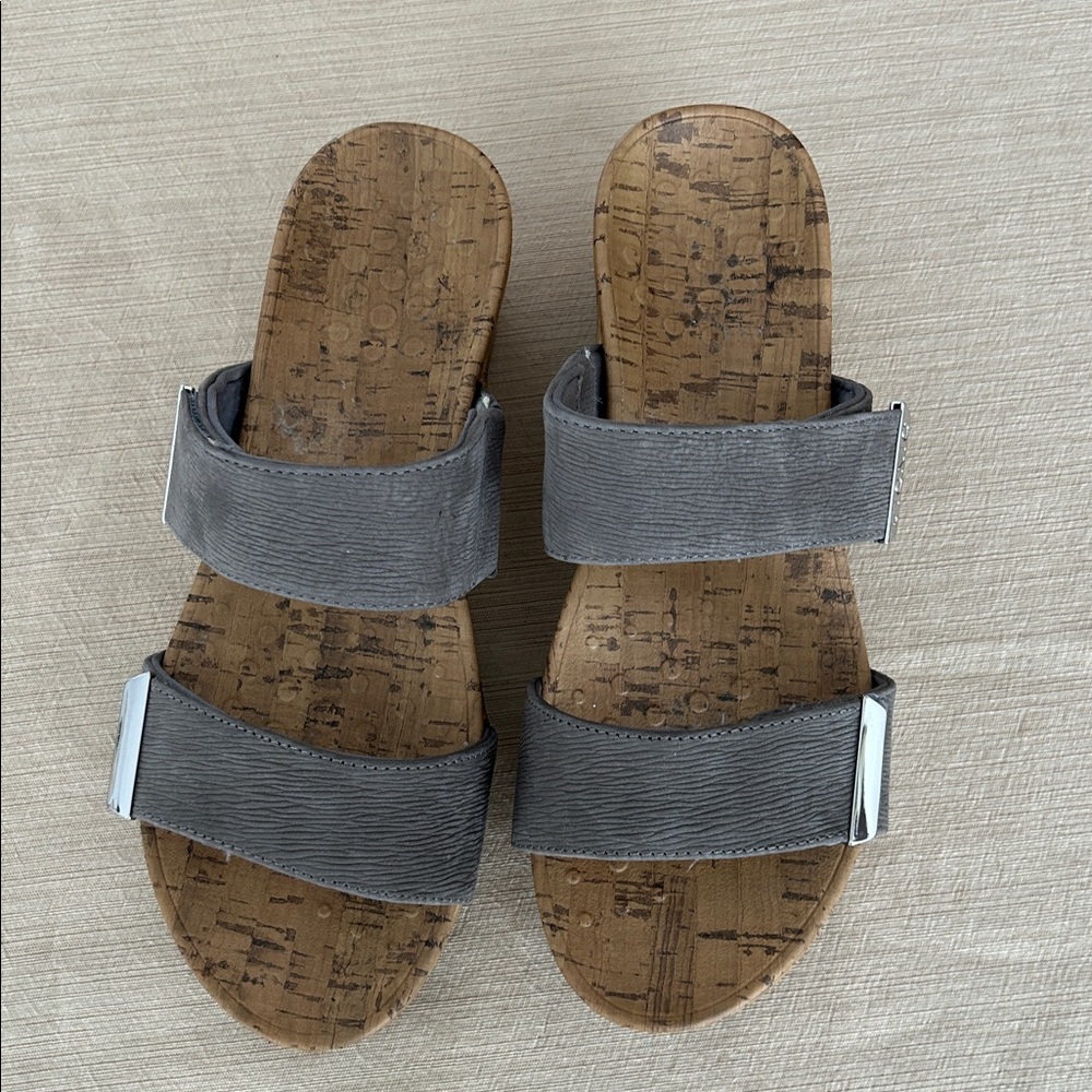 Vionic Pepper Leather Ruched Wedge Sandals Gray Size 9 - Picture 3 of 7